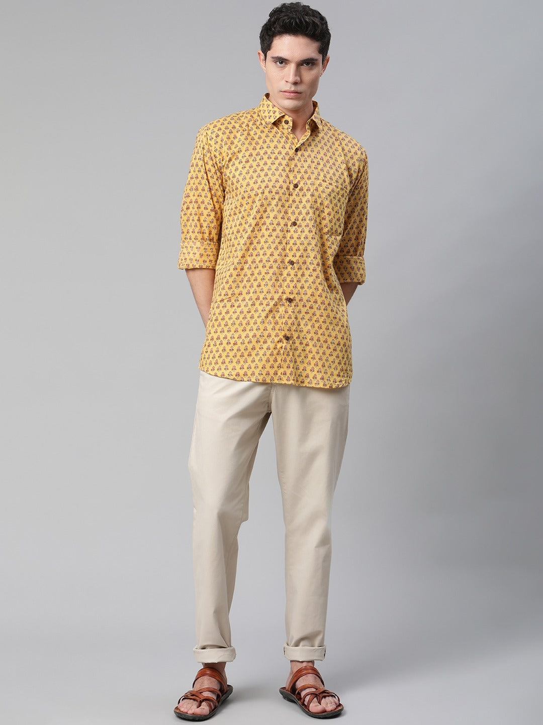 Millennial Men Mustard Comfort Printed Casual Shirt