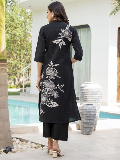 Black Floral Printed Pure Cotton A-line Fit Ethnic Kurta Pant Set