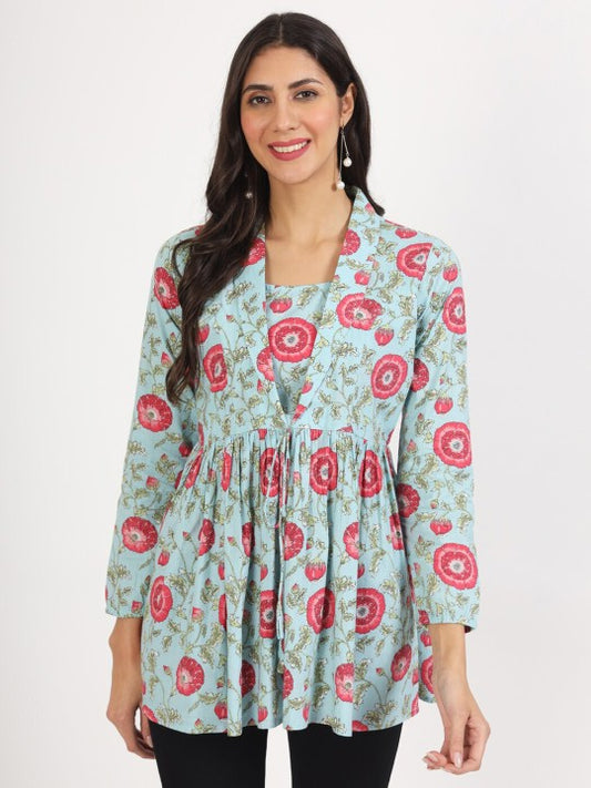 Sky Blue Ethnic Floral Printed Cotton V-Neck Casual Top