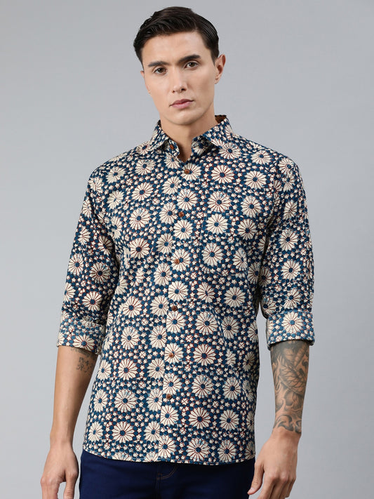 Millennial Men Blue & Cream-Coloured Regular Fit Printed Casual Shirt
