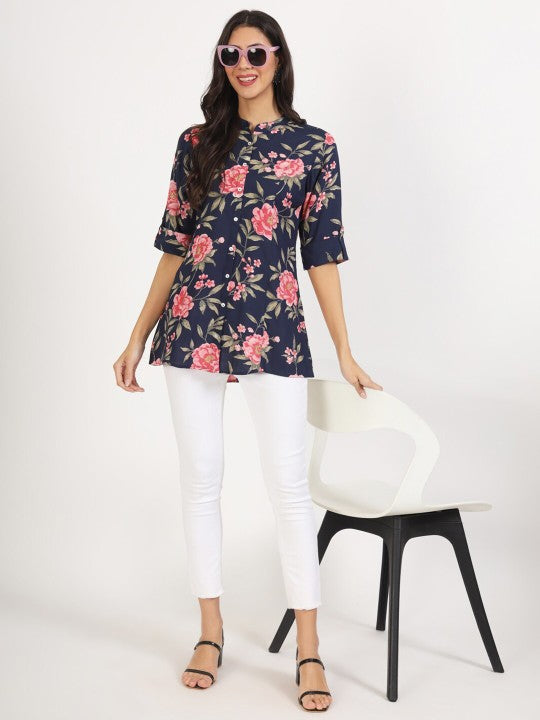 Navy Blue Floral Printed Rayon With 3/4th Sleeves Casual Top