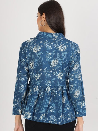 Indigo Blue Ethnic Cotton Shirt Style Casual Top