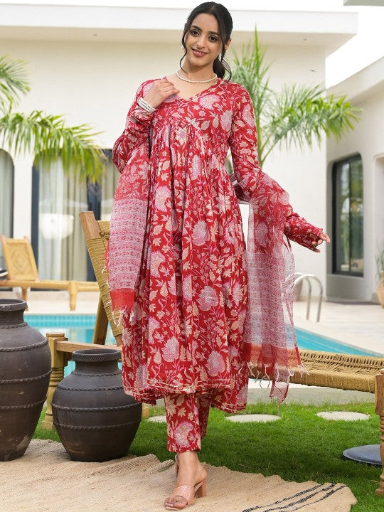 Ethnic Floral Printed Red Cotton Alia Cut Kurta Set For Women