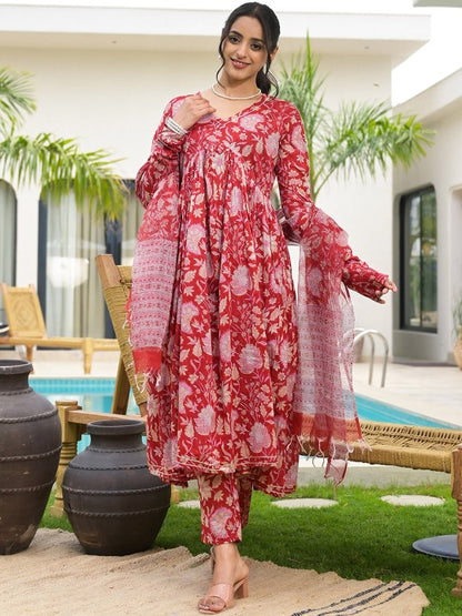 Ethnic Floral Printed Red Cotton Alia Cut Kurta Set For Women