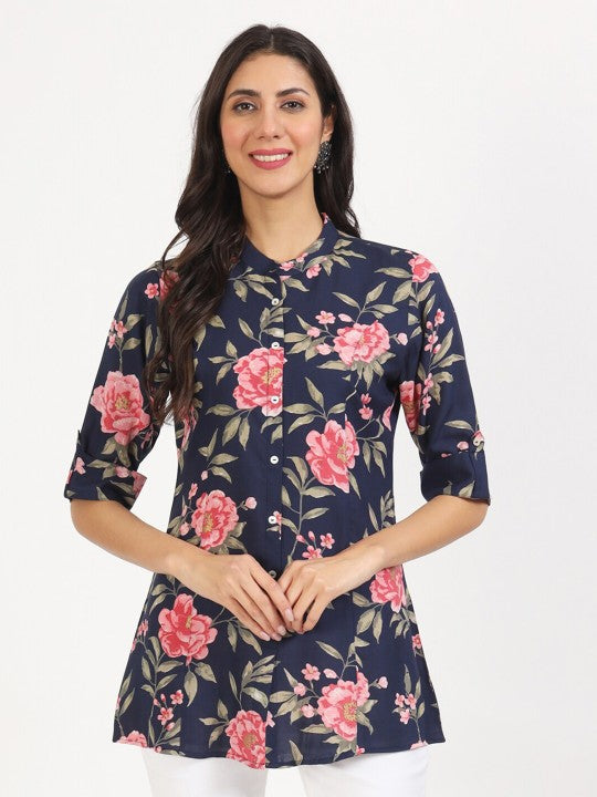 Navy Blue Floral Printed Rayon With 3/4th Sleeves Casual Top