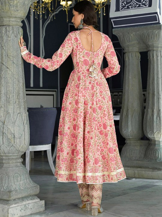 Pink Floral Hand Block Printed Anarkali Kurta With Dupatta Set