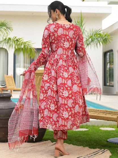 Ethnic Floral Printed Red Cotton Alia Cut Kurta Set For Women