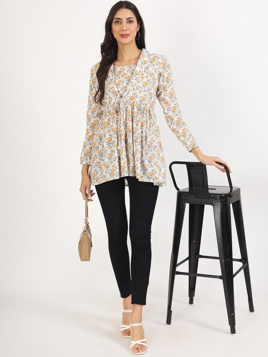 Ethnic Off White 3/4th Sleeves With Floral Printed Cotton Casual Top