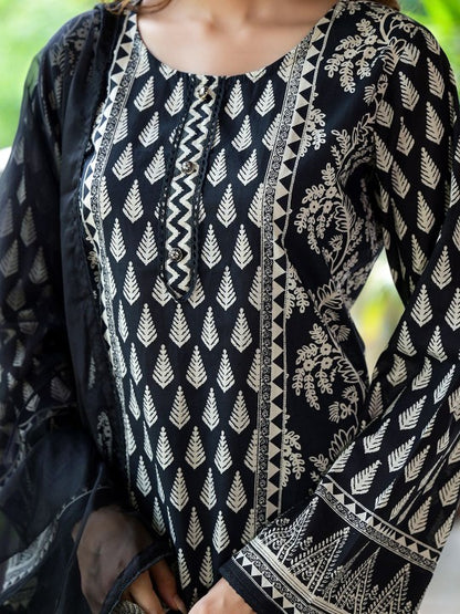 Ethnic Black Cotton Straight Fit Knee Long Kurta Set for Women