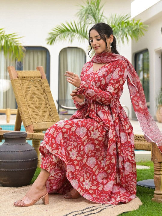 Ethnic Floral Printed Red Cotton Alia Cut Kurta Set For Women