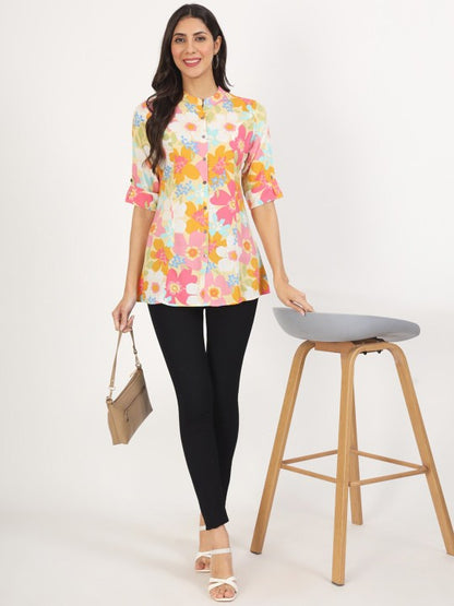 Yellow Floral Printed Fold Sleeve Viscose Rayon Casual Top