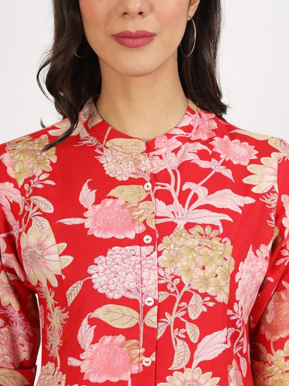 Red Floral Printed Viscose Rayon Ethnic Casual Top