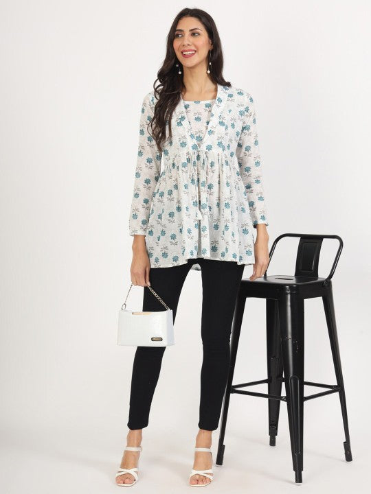 White Floral Printed Pure Cotton With Regular Sleeves Casual Top