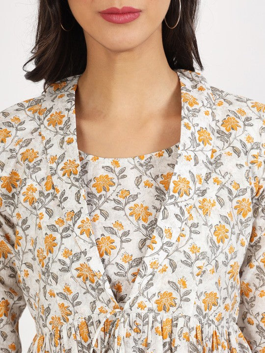 Ethnic Off White 3/4th Sleeves With Floral Printed Cotton Casual Top