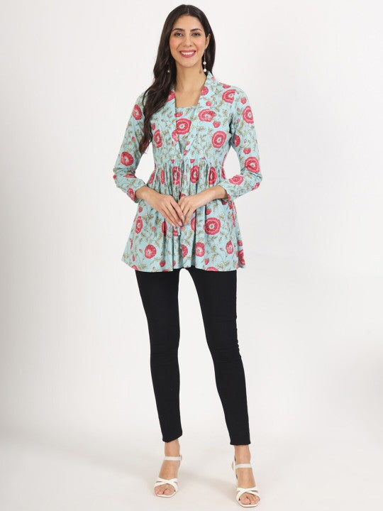 Sky Blue Ethnic Floral Printed Cotton V-Neck Casual Top