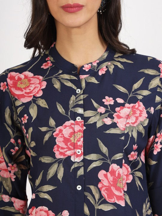 Navy Blue Floral Printed Rayon With 3/4th Sleeves Casual Top