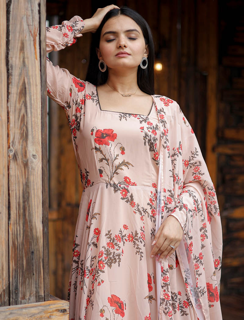 Faux Georgette Ethnic Gown And Dupatta Full Suit Wtih Peach Flower Digital Print Work