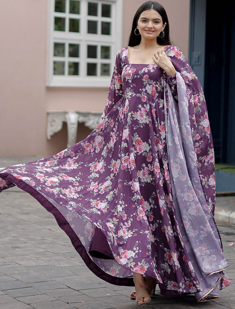 Faux Georgette With Purple Flower Digital Print Work Gown And Dupatta Full Gown Suit