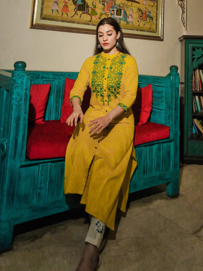 befashionate Women's Yellow Regular A-Line Calf Long Kurta - befashionate