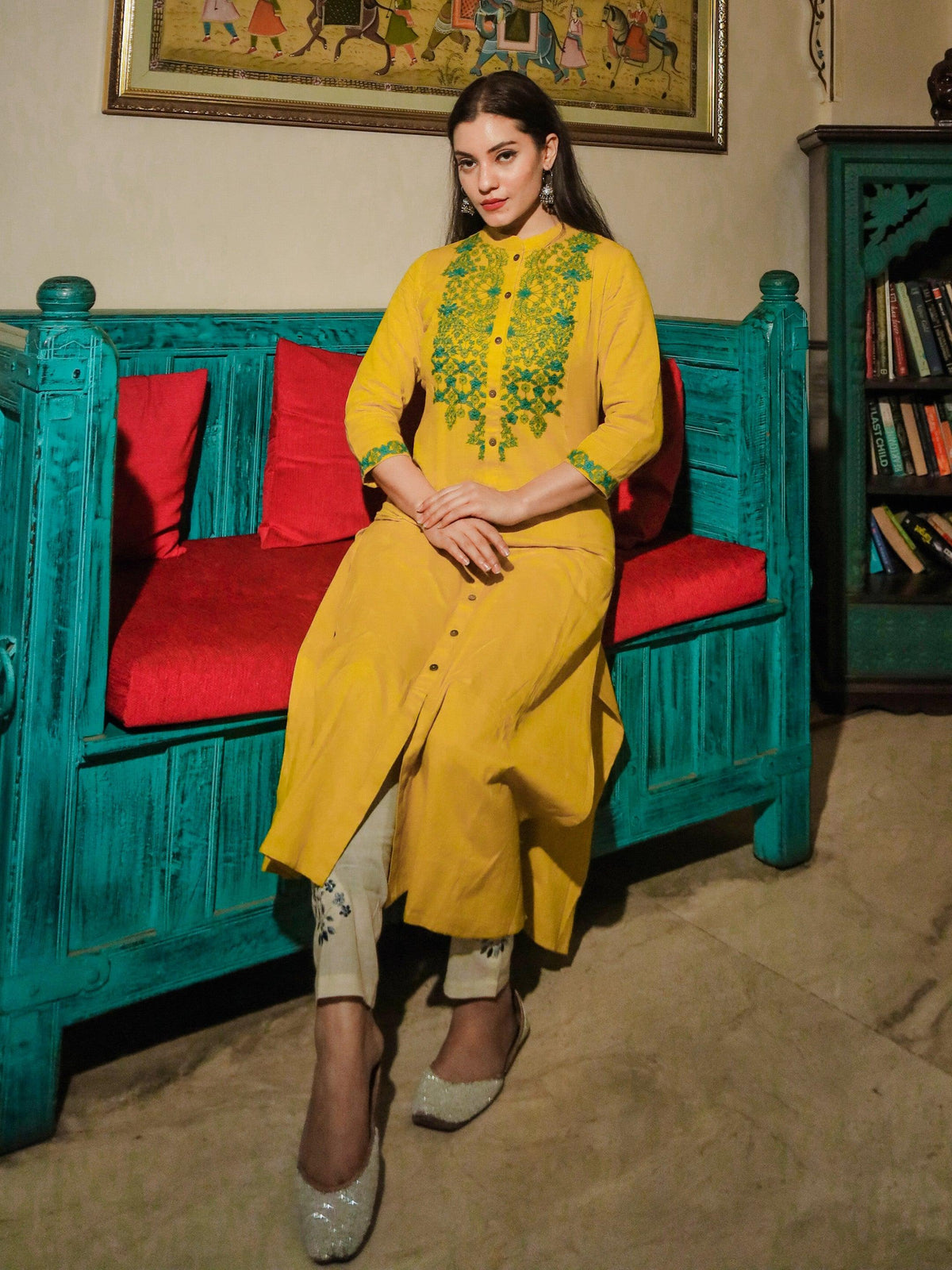befashionate Women's Yellow Regular A-Line Calf Long Kurta - befashionate