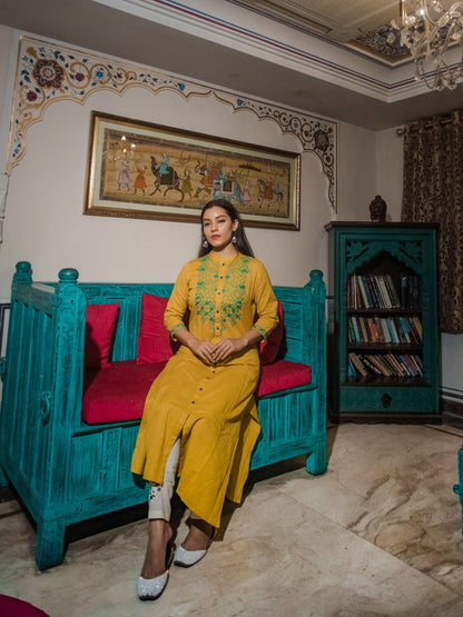 befashionate Women's Yellow Regular A-Line Calf Long Kurta - befashionate