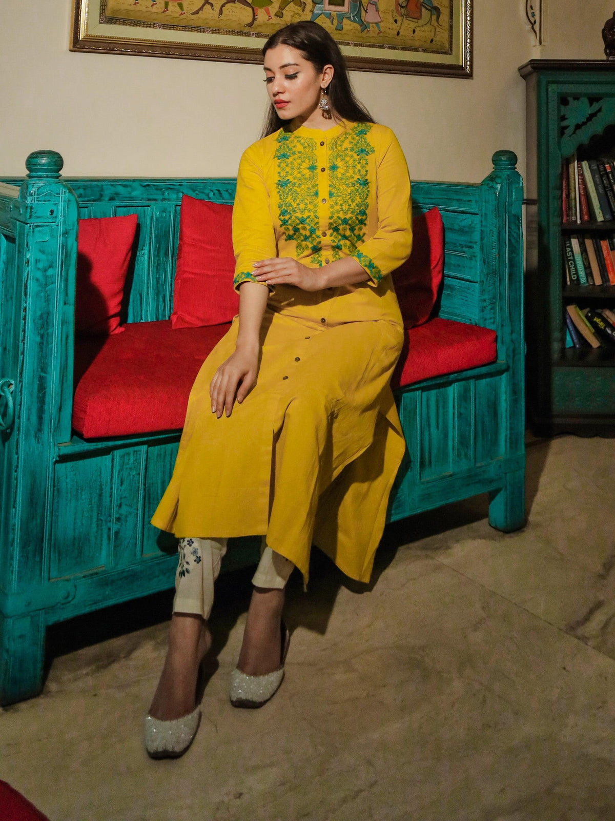 befashionate Women's Yellow Regular A-Line Calf Long Kurta - befashionate