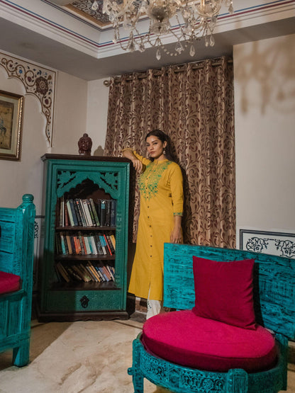 befashionate Women's Yellow Regular A-Line Calf Long Kurta - befashionate