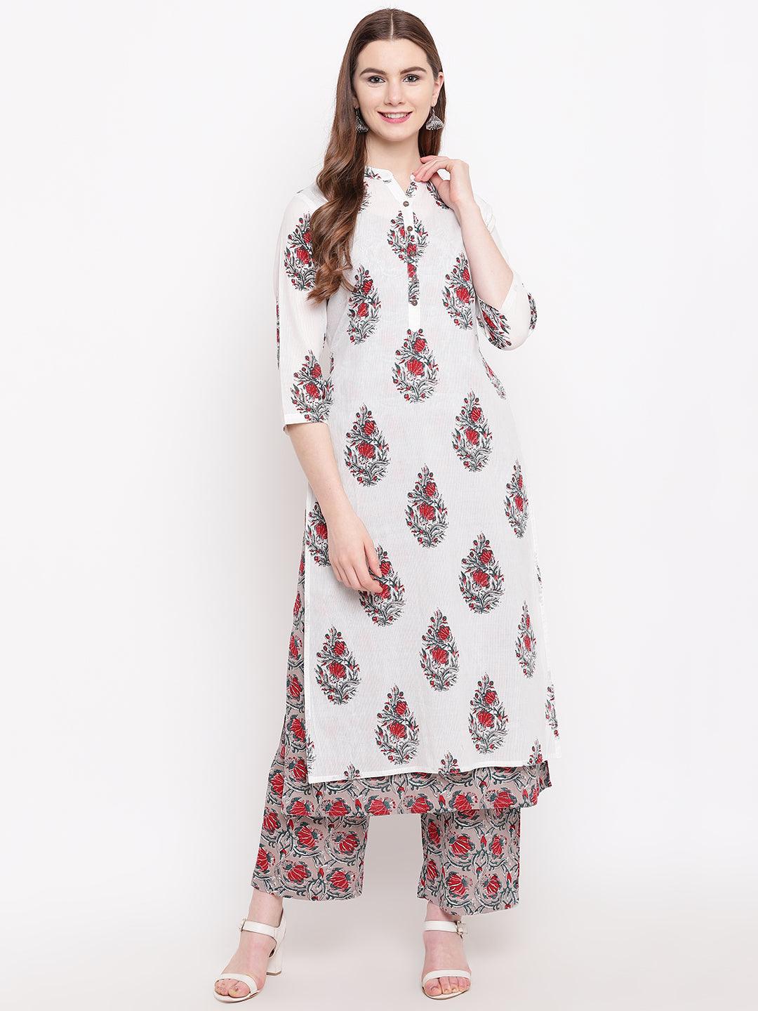 Divena White Cotton Kurta Palazzo Set