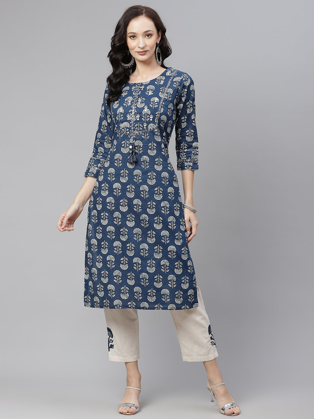 Blue Floral A-Line Cotton Kurta Pant Sets