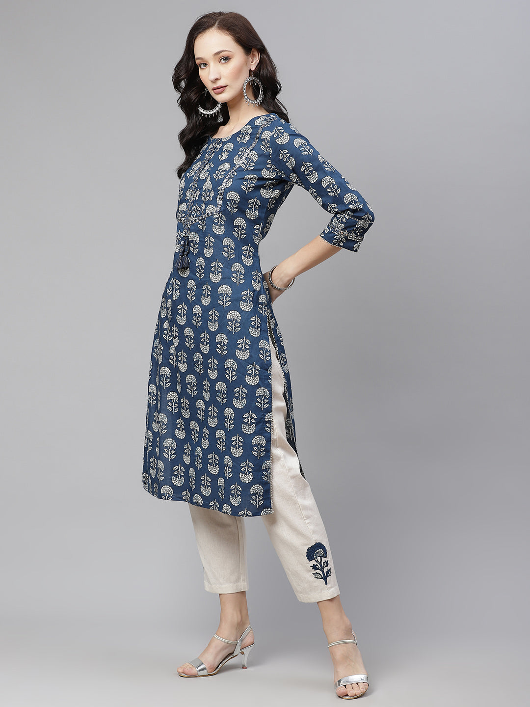 Blue Floral A-Line Cotton Kurta Pant Sets