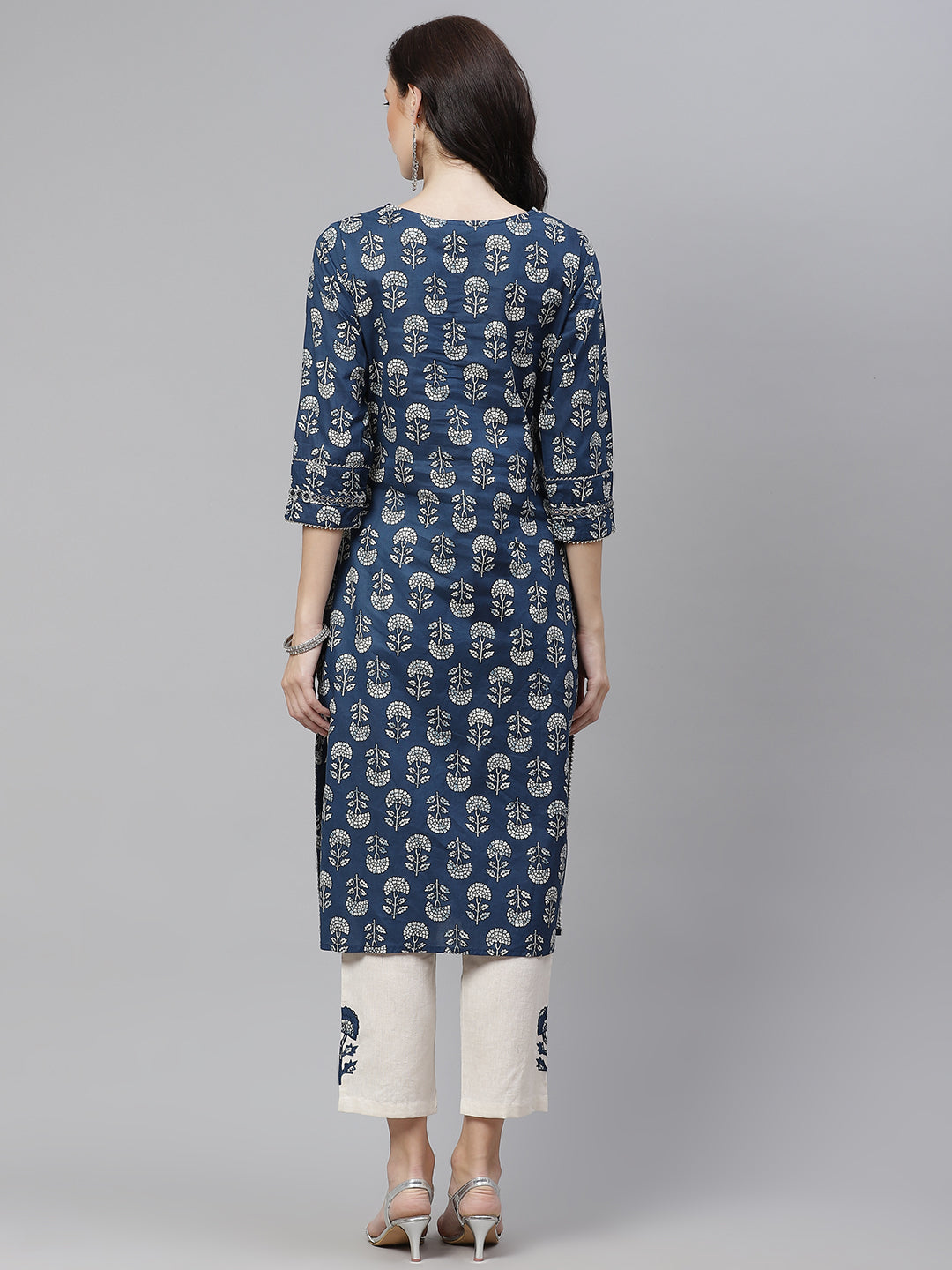 Blue Floral A-Line Cotton Kurta Pant Sets
