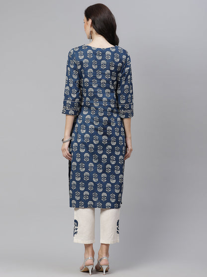 Blue Floral A-Line Cotton Kurta Pant Sets