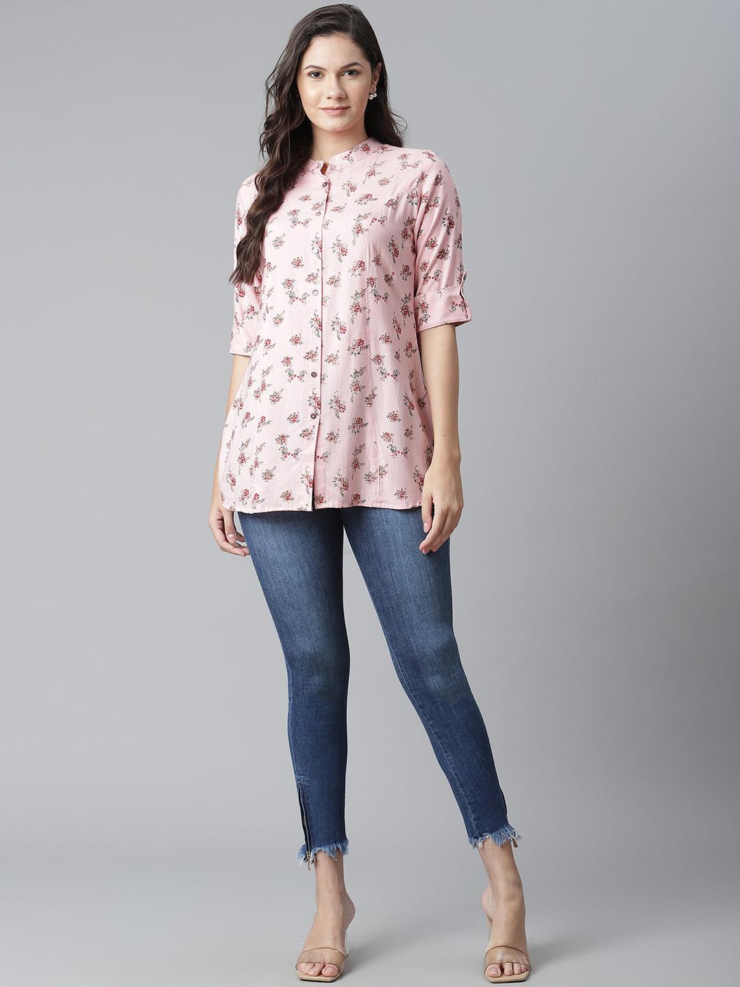 Divena Pink Rayon Printed Shirt Style A-line Top