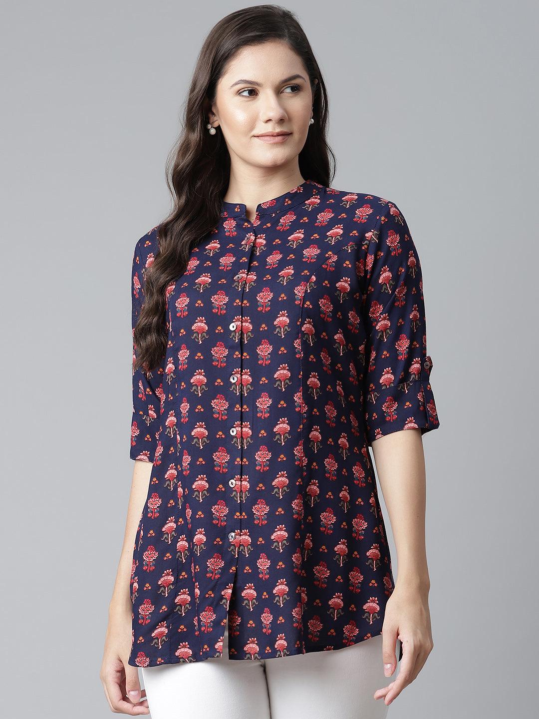 Divena Dark Blue Rayon Printed Top