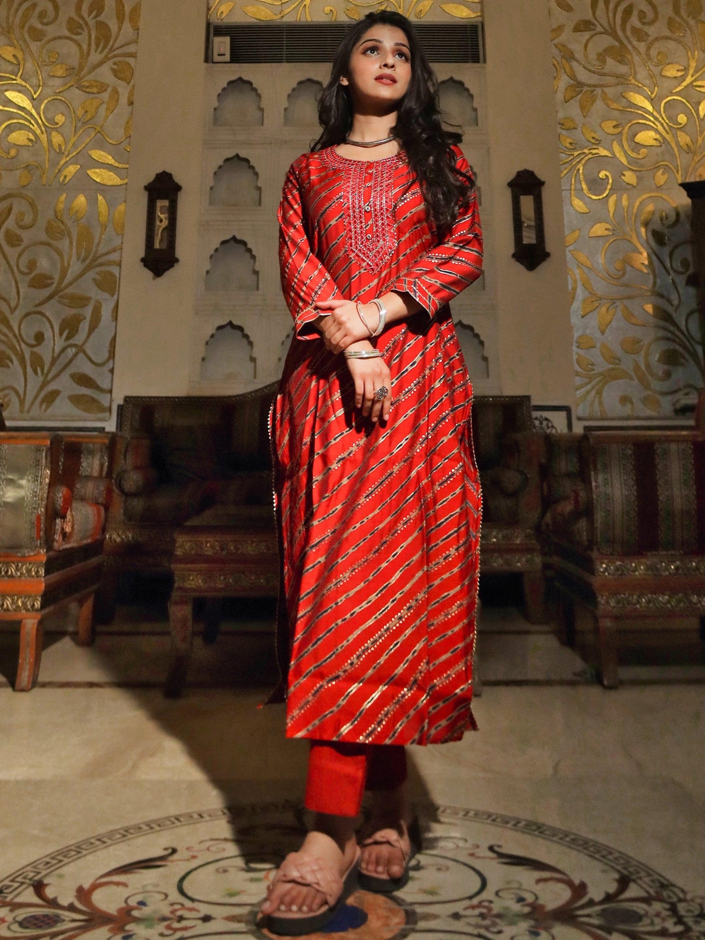 Red Lahariya kurta with Cotton Flex Pant set For Women