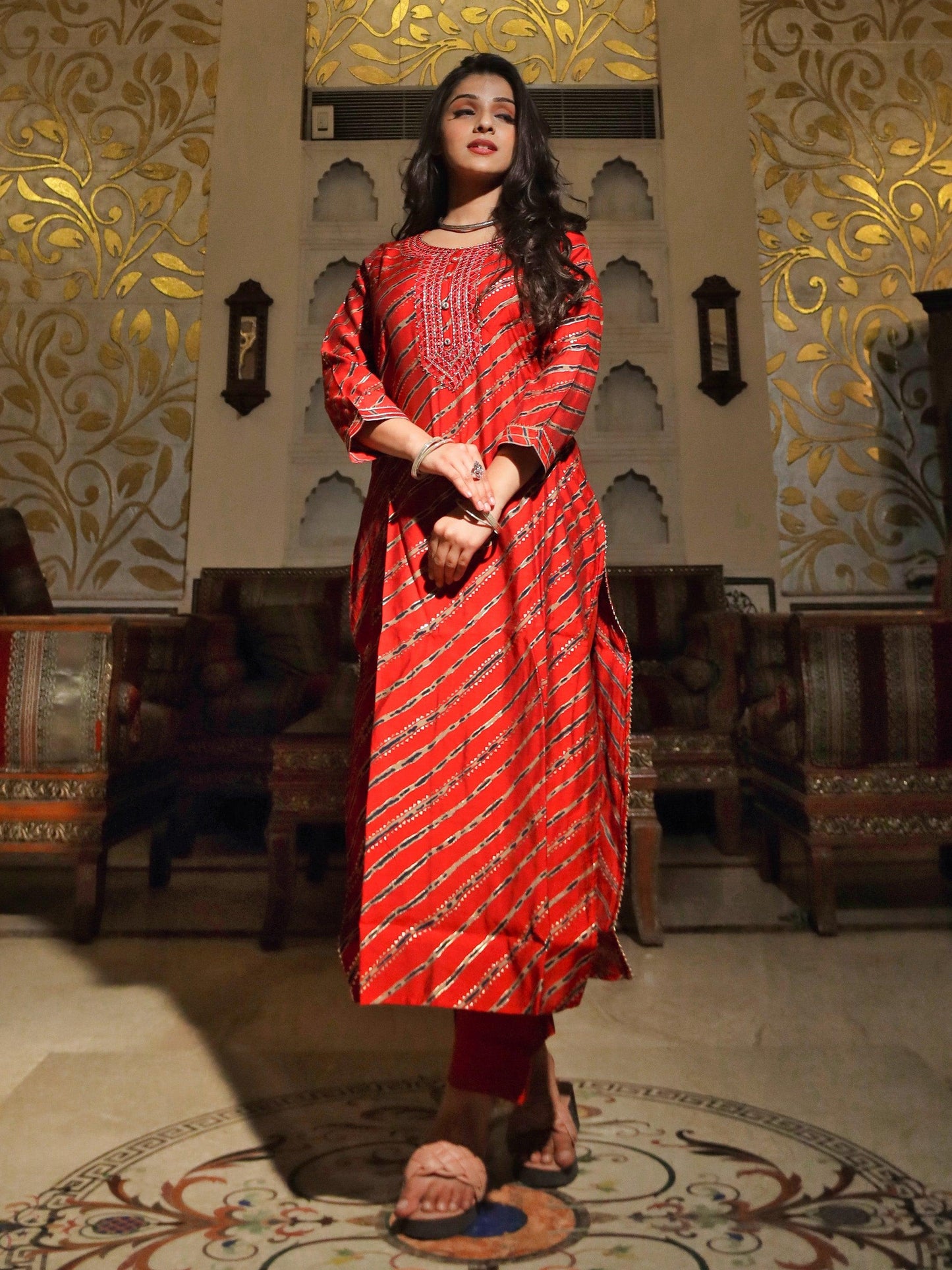 Red Lahariya kurta with Cotton Flex Pant set For Women