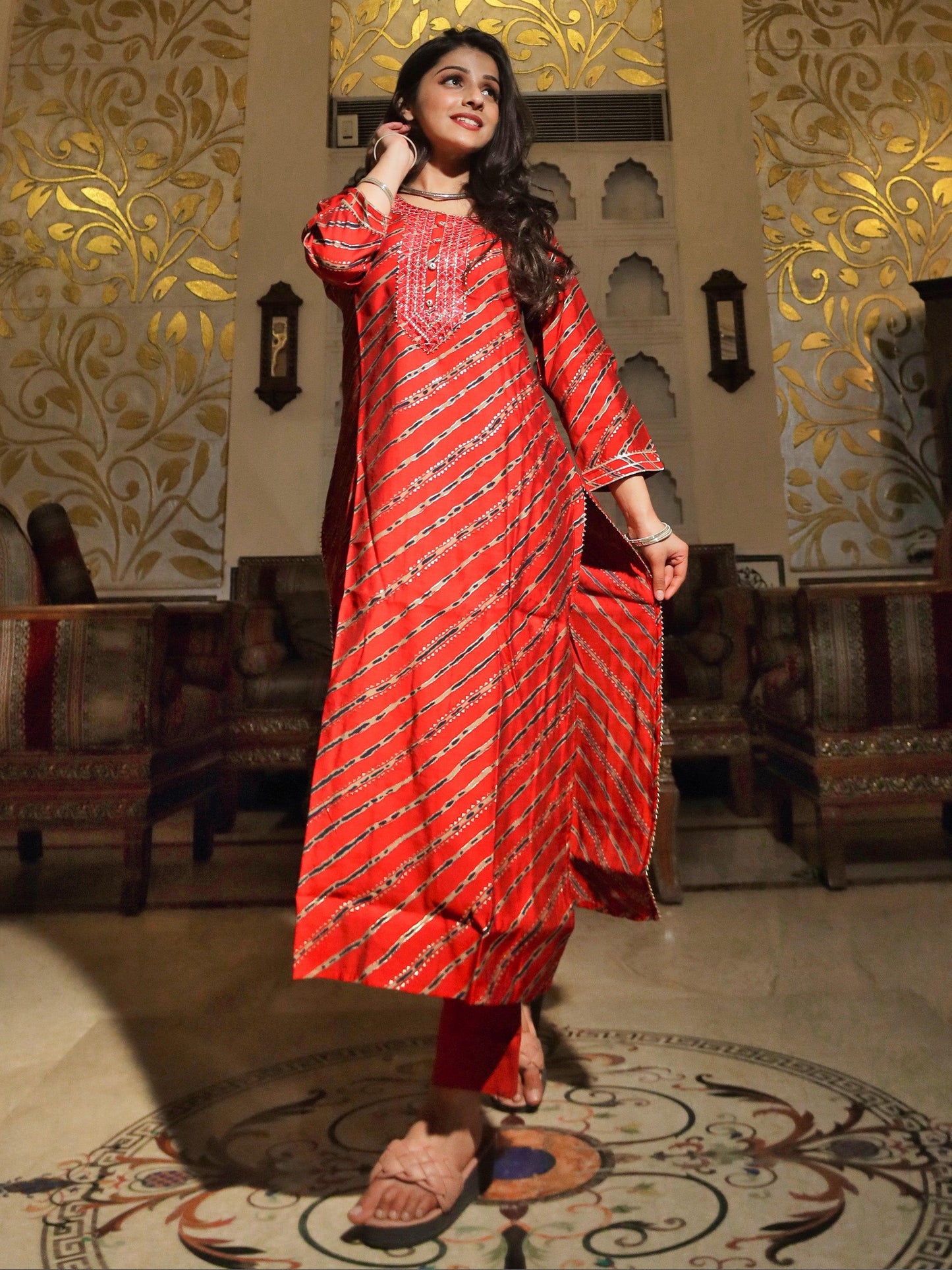 Red Lahariya kurta with Cotton Flex Pant set For Women