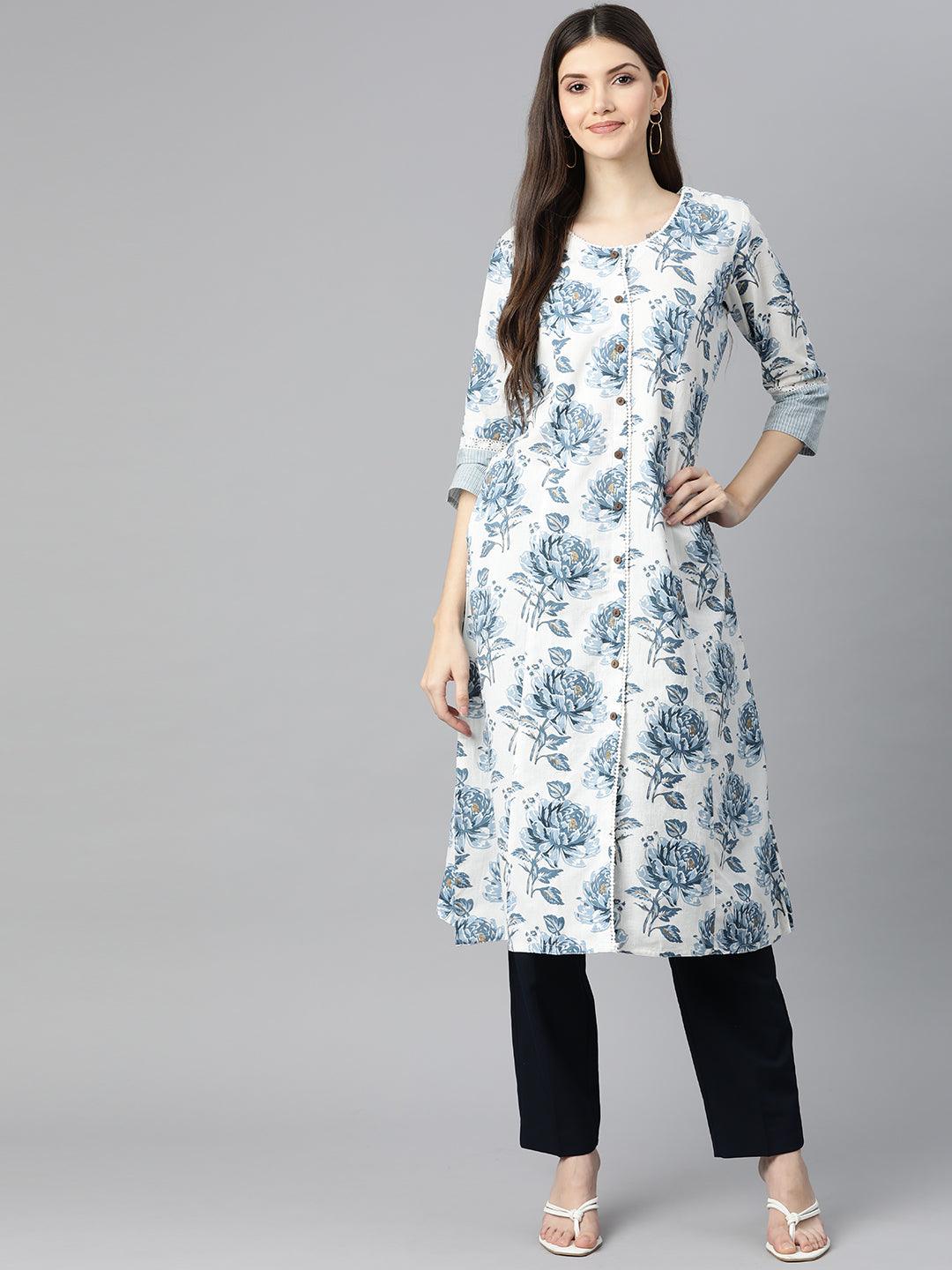 Divena White & Blue Floral Cotton Flex A- Line Kurta