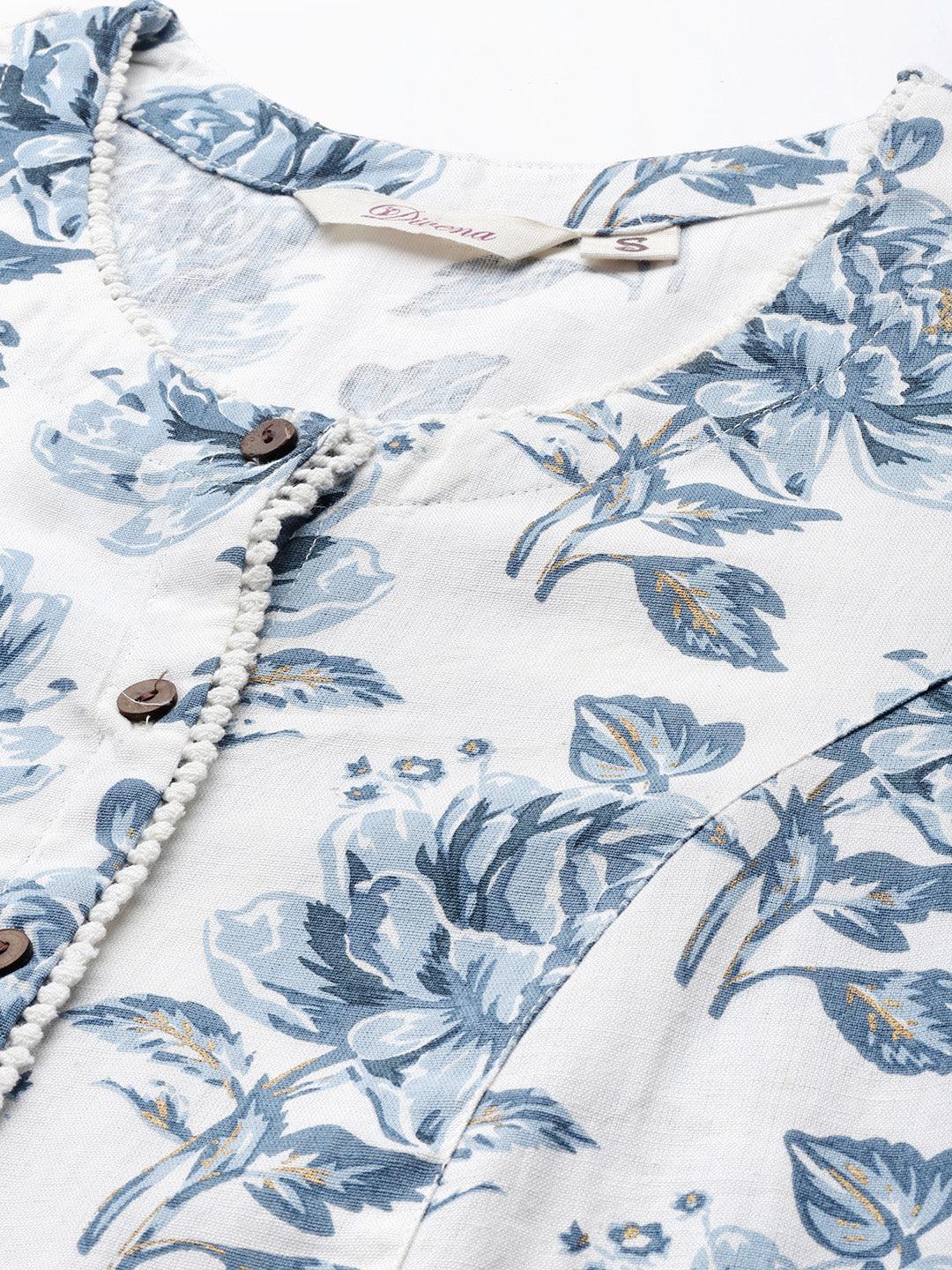 Divena White & Blue Floral Cotton Flex A- Line Kurta