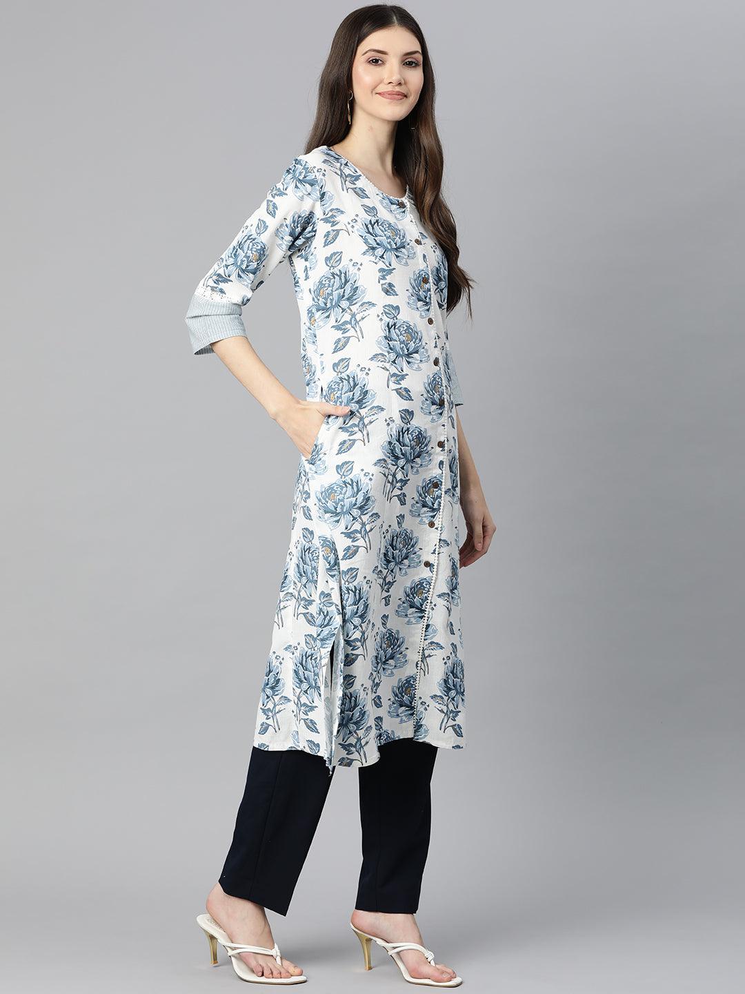 Divena White & Blue Floral Cotton Flex A- Line Kurta