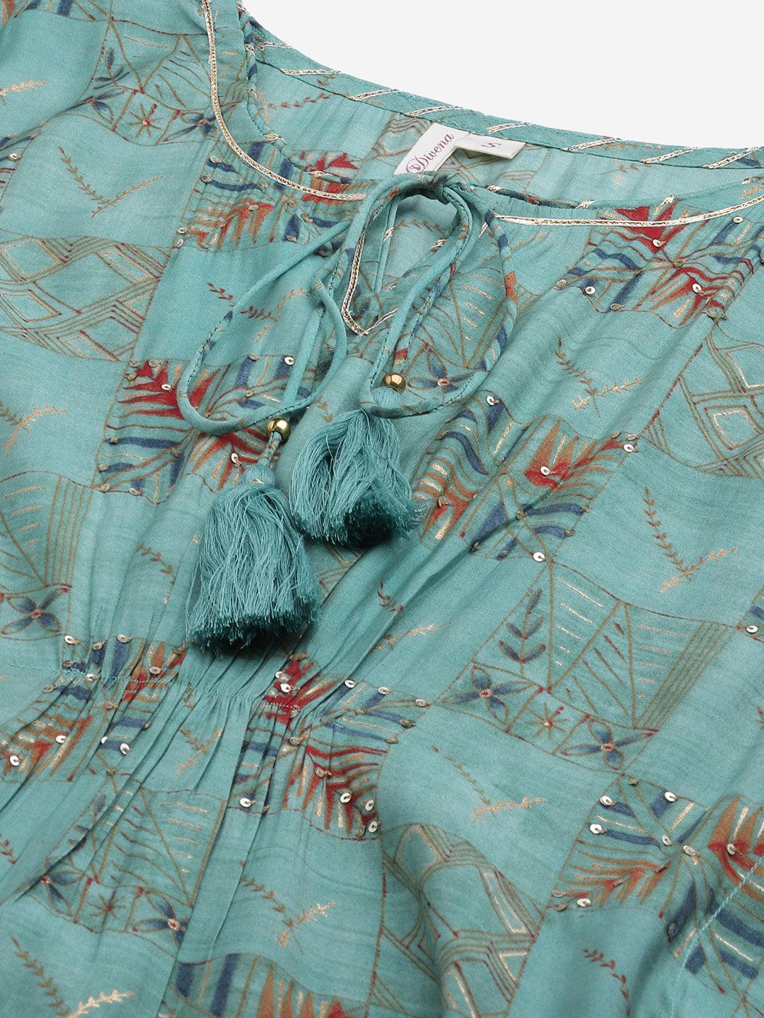 Divena Turquoise green Rayon kaftan Pant set