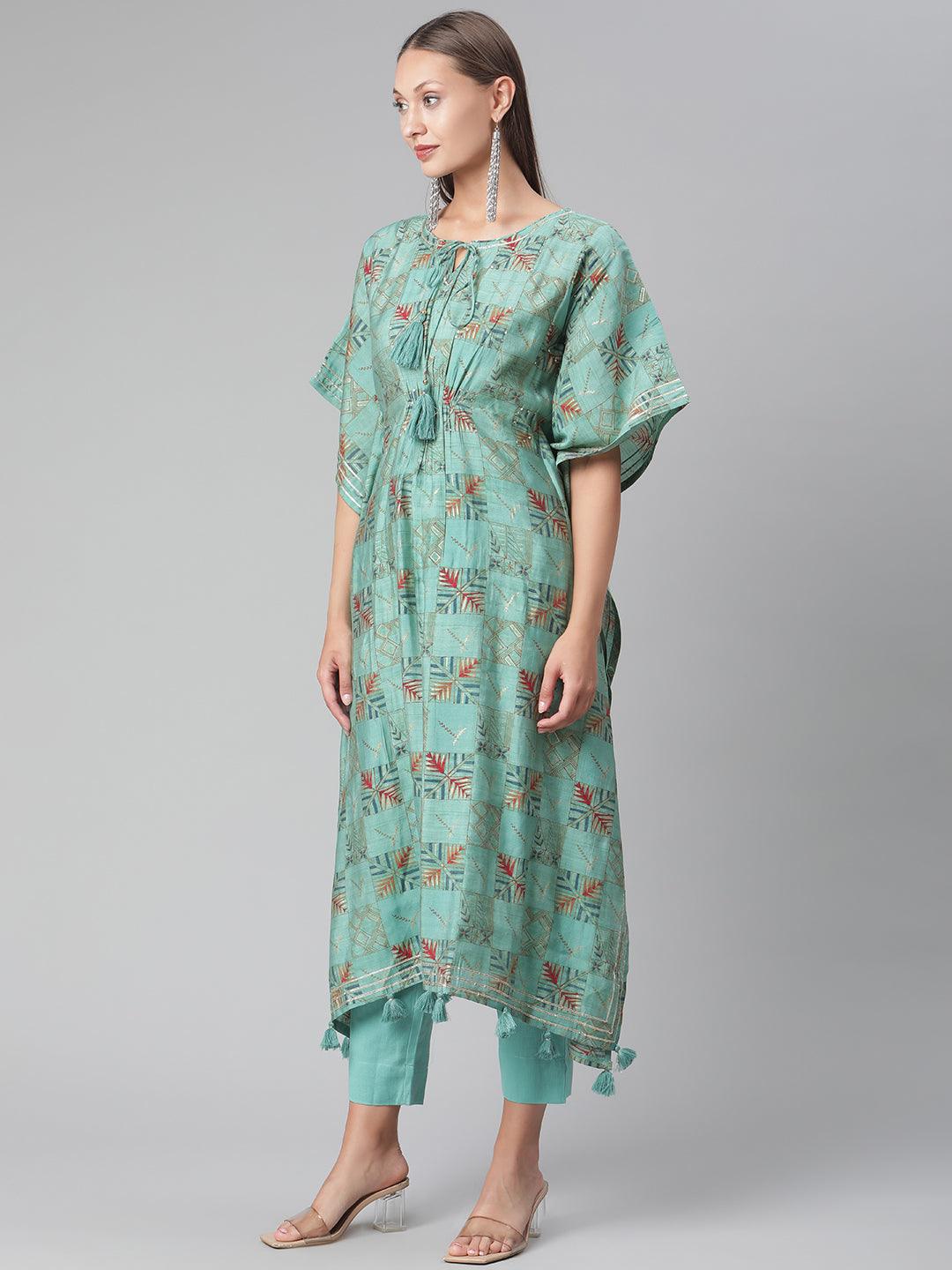 Divena Turquoise green Rayon kaftan Pant set