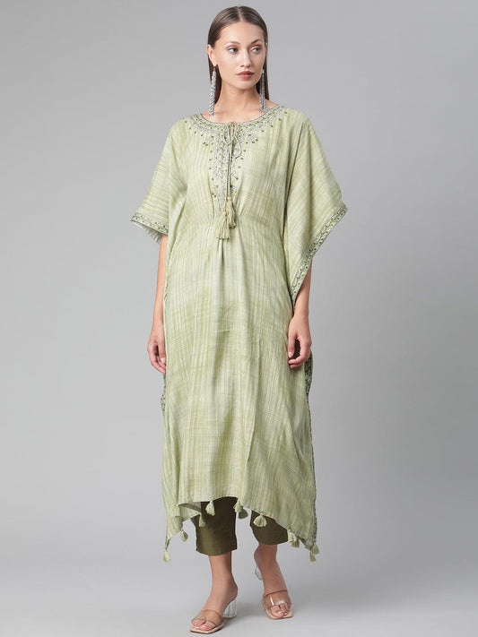 Green Rayon Kaftan Pant Set For Women