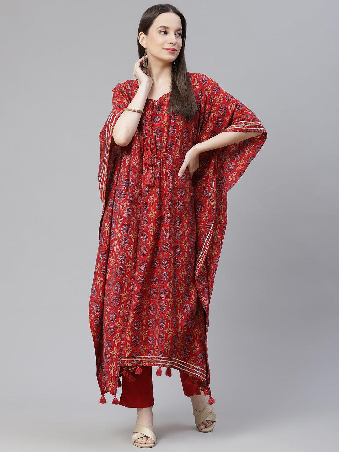 Red Rayon Floral Kaftan Pant Set For Women