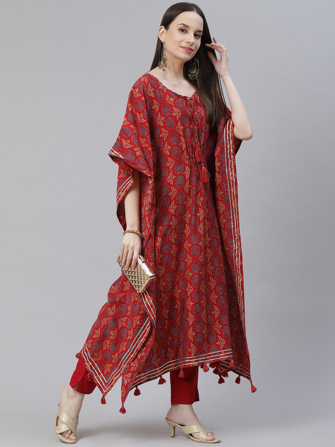 Red Rayon Floral Kaftan Pant Set For Women