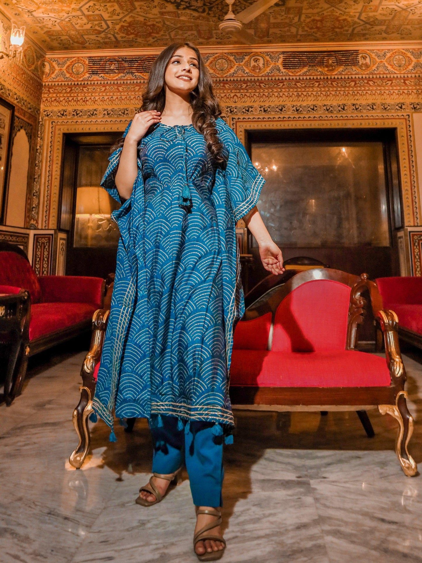 Divena Teal Blue Rayon Bandhej Kaftan Pant Set