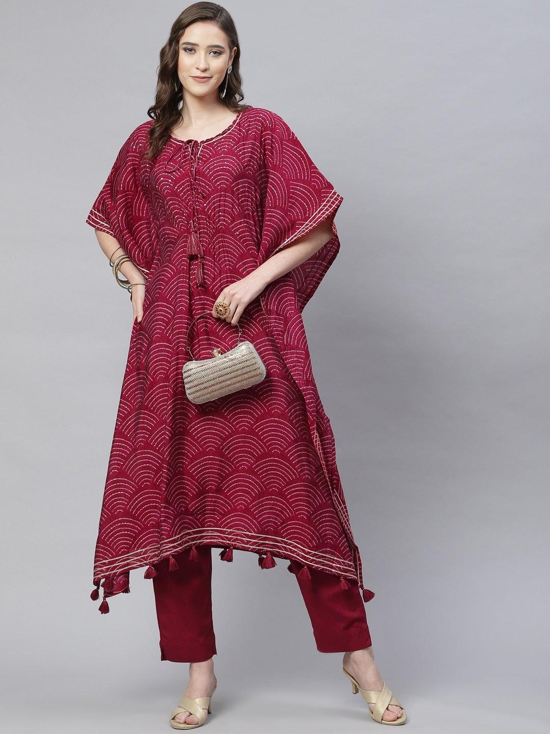 Magenta Modal Bandhej Kaftan Pant Set For Women