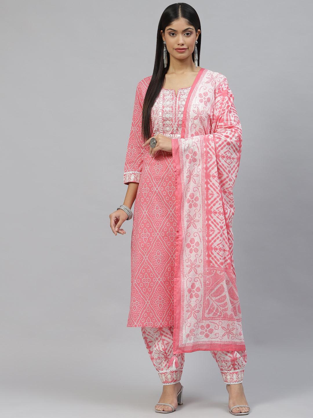 Pink Bandhani Printed Kurta Pant Set with Dupatta For Women