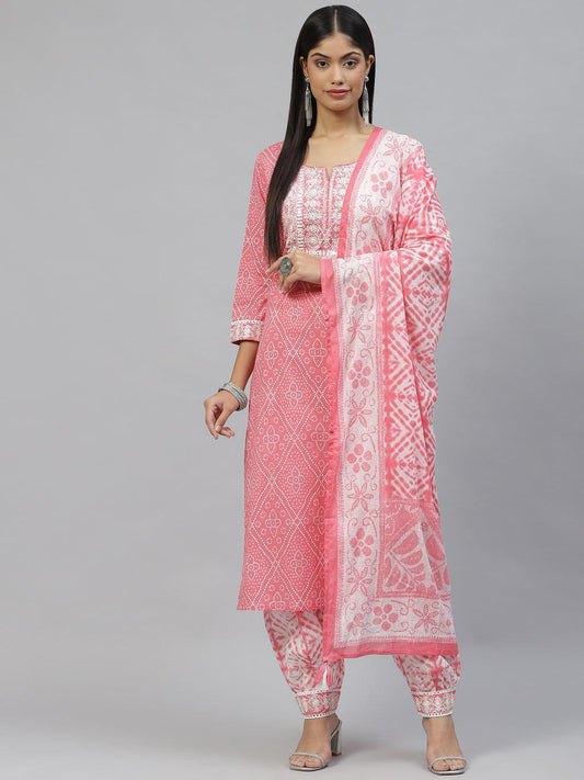 Pink Bandhani Printed Kurta Pant Set with Dupatta For Women