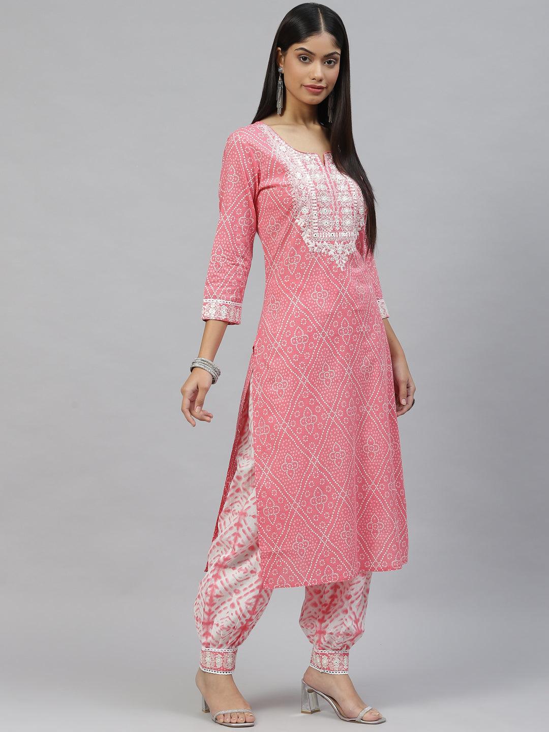 Pink Bandhani Printed Kurta Pant Set with Dupatta For Women